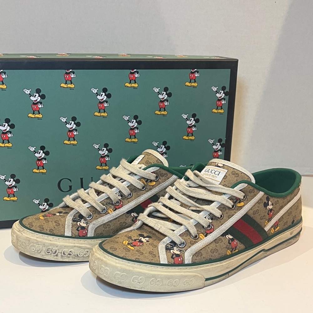 Gucci Beige and Green Mickey Mouse Sneakers